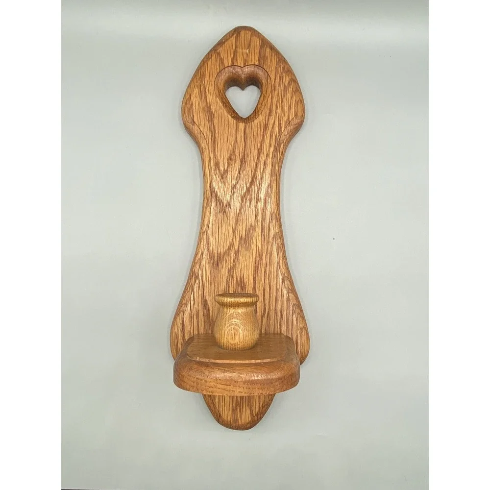 Vintage Oak Wood Candlestick Candle Holder Wall Sconce Heart Cutout